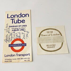 VTG 1979 London Underground Tube Diagram Map+ HM Tower London Re Entry Permit
